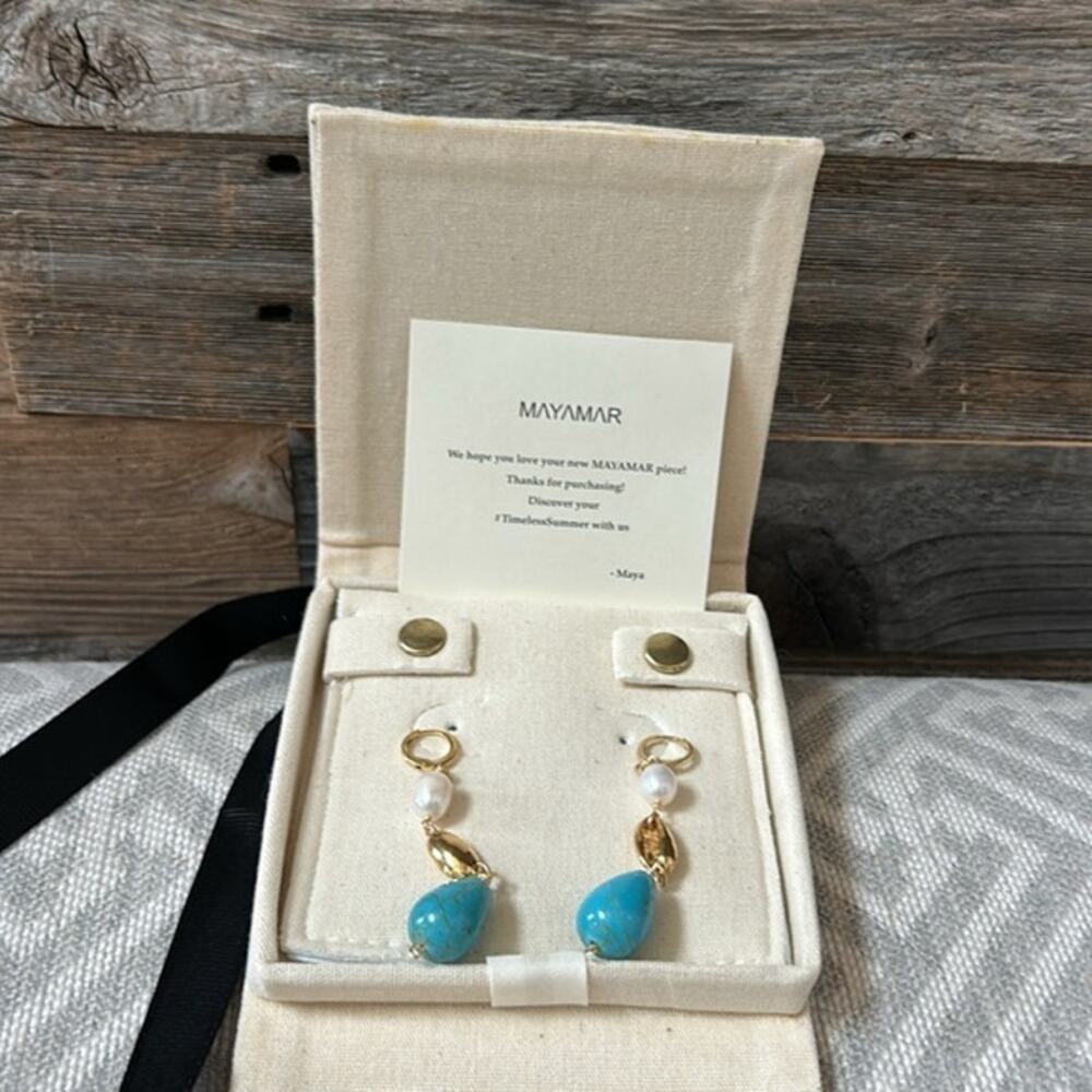 Mayamar 24K Gold Plated and Turquoise Drop Earrings with Cultured Pearl - Picture 4 of 4
